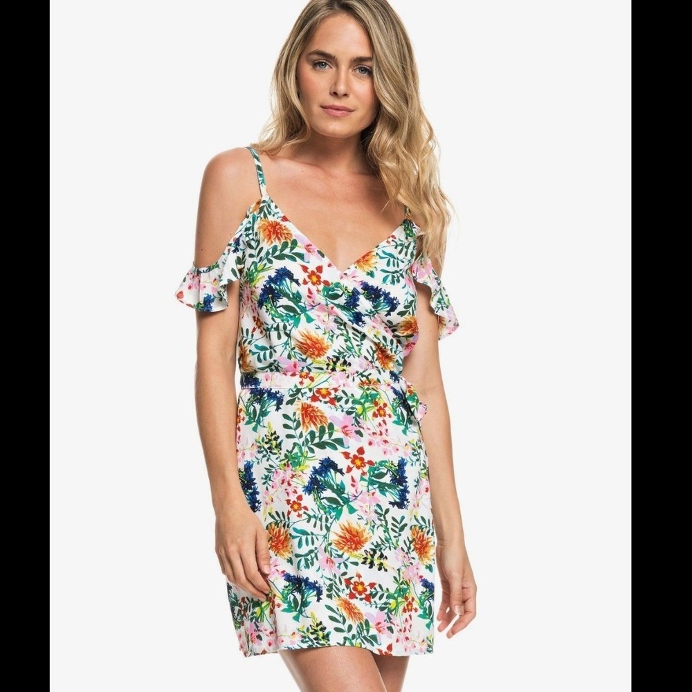 Roxy White Floral Cold Shoulder‎ Wrap Mini Dress S